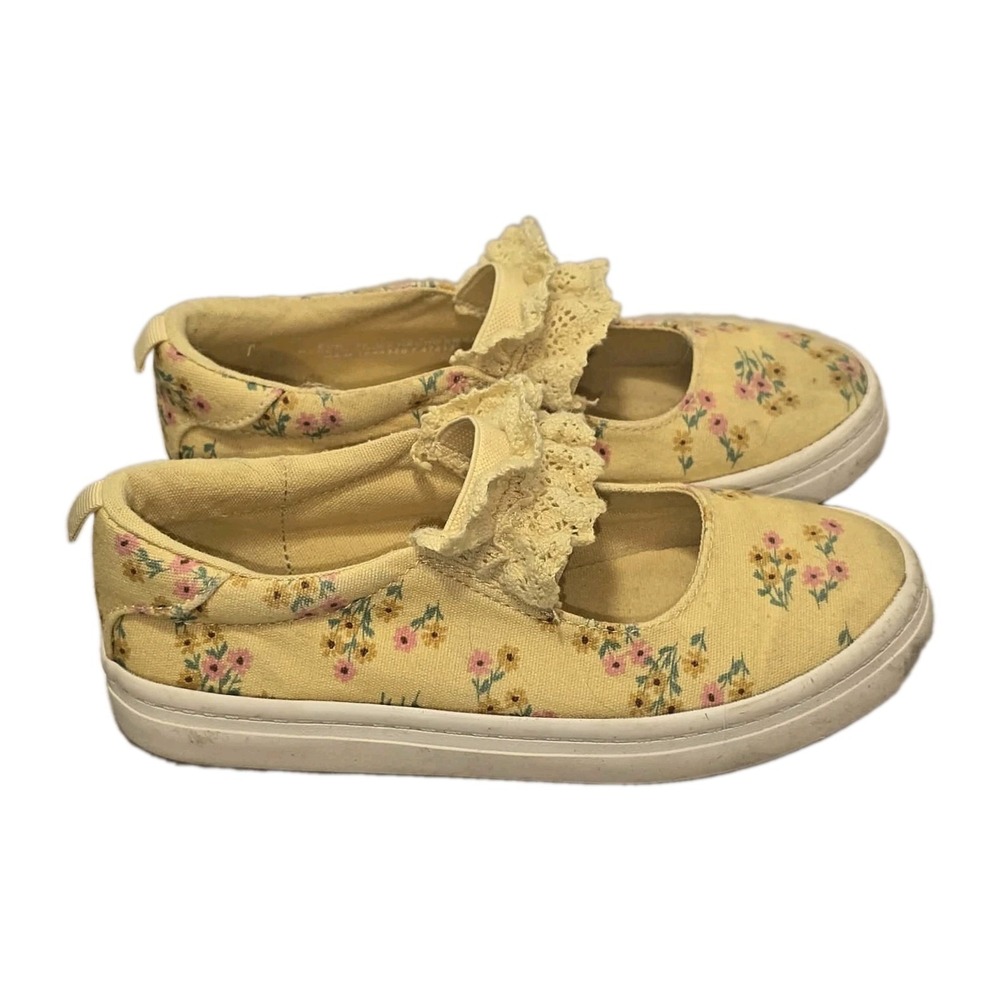 H&M Girls Yellow Floral Mary Jane Sneakers Lace Strap Canvas Shoes Size 12.5